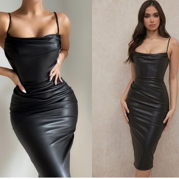 HOUSE OF CB 'Luanne' Black Vegan Leather Corset Midi Dress - Picture 2 of 13